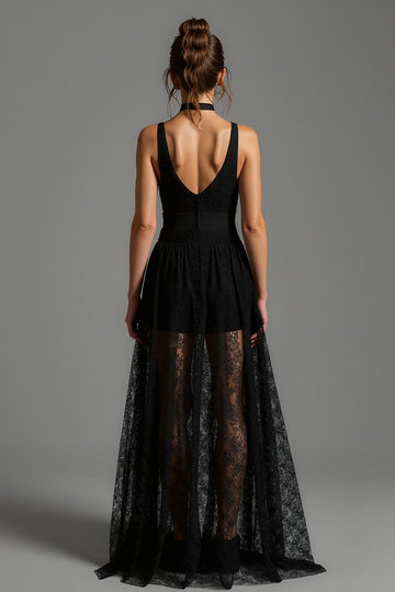 V-Neck Black A-Line Backless Long Formal Dress with Lace